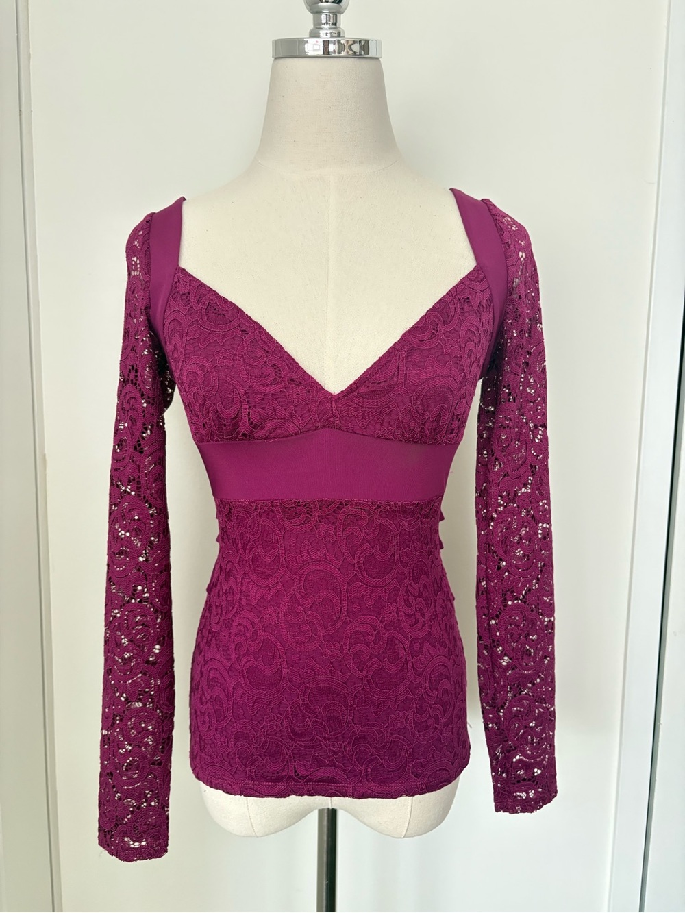 bebe Deep Magenta Lace Long Sleeve V-Neck Top